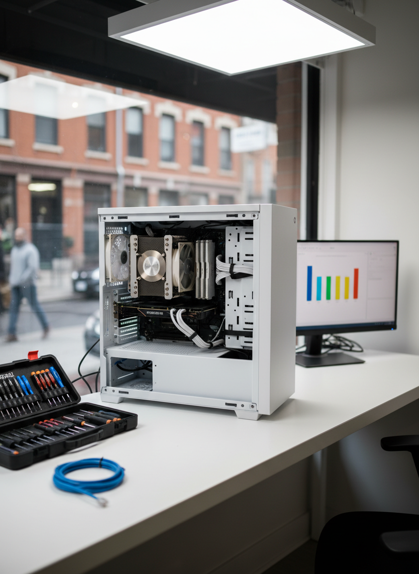 Inside a compact Crown Heights storefront office, a sturdy white workbench is neatly arranged with an open desktop tower revealing clean internal components, a labeled toolkit with precision screwdrivers, and a neatly coiled Ethernet cable, all rendered in sharp photographic realism. A second monitor on the side shows a simple, abstract diagnostic interface with colorful bars instead of readable text. Overhead LED panels emit soft, even lighting that minimizes harsh shadows, while a front window lets in a hint of the busy Brooklyn sidewalk, tastefully out of focus. Shot from a slightly low angle to make the workbench the focal point, the composition conveys professional yet accessible repair and network troubleshooting services without appearing technical or intimidating.