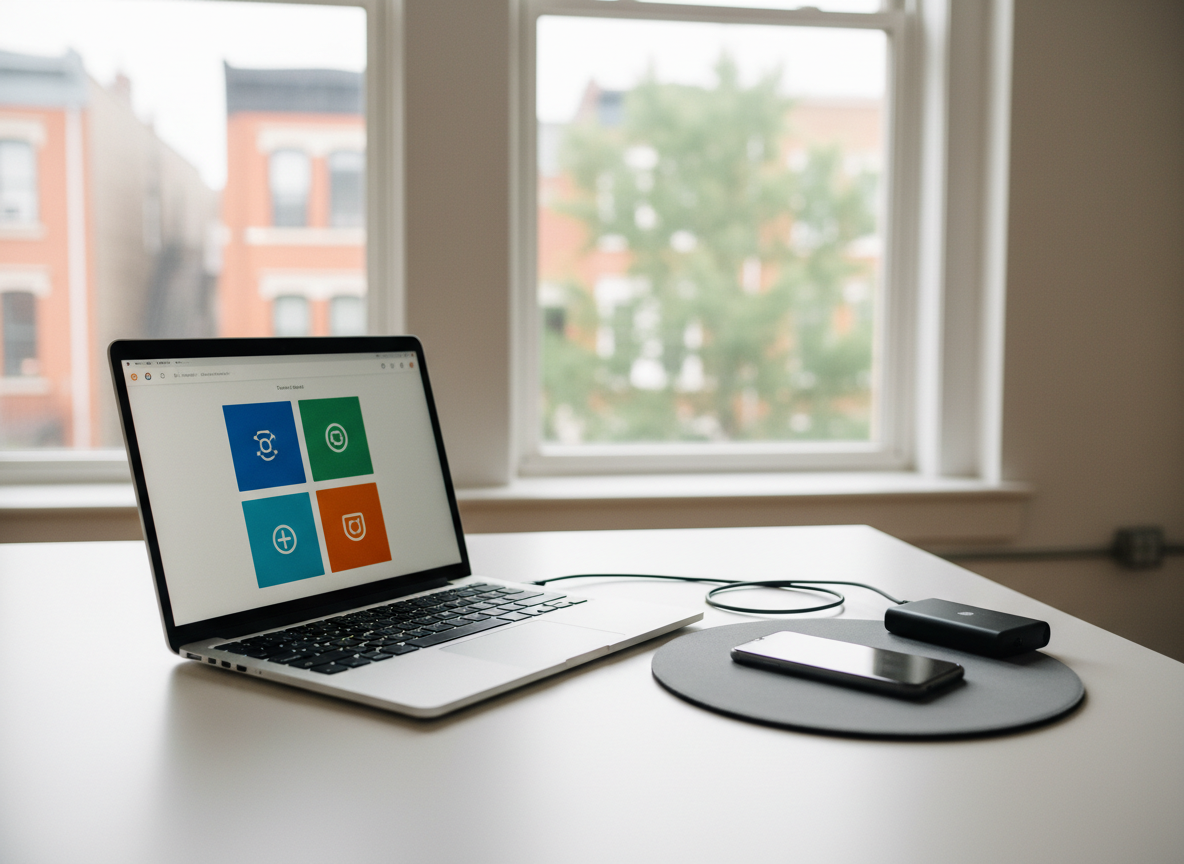 A close-up, photographic view of a hands-on tech training setup: an open mid-range laptop on a clean white table in a Crown Heights coworking space, its screen displaying an uncluttered tutorial-style interface with large, abstract icons instead of legible text. Beside it, a smartphone rests on a soft gray mousepad, and a simple external hard drive sits nearby with its single cable neatly routed. Large windows reveal softened hints of Brooklyn rowhouses and trees outside. Bright but diffused daylight fills the room, creating minimal shadows and a clear, focused atmosphere. Shot from a three-quarter angle with moderate depth of field, the image feels structured and approachable, suggesting step-by-step one-on-one training without overwhelming technical complexity.