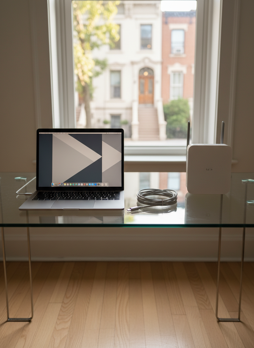 A modern glass-topped desk neatly arranged with a slim silver laptop, a compact wireless router, and a neatly coiled charging cable, all rendered in crisp photographic realism. The desk sits near a bright apartment window overlooking a recognizable Crown Heights brownstone block, softly blurred outside. Afternoon natural light washes in, creating gentle reflections on the laptop’s metallic surface and subtle shadows on the light wood floor. A minimalist, uncluttered workspace conveys calm, patient tech help at home. Shot at eye level with a shallow depth of field, the focus stays on the approachable, everyday devices, emphasizing a professional yet friendly atmosphere ideal for one-on-one tech support.