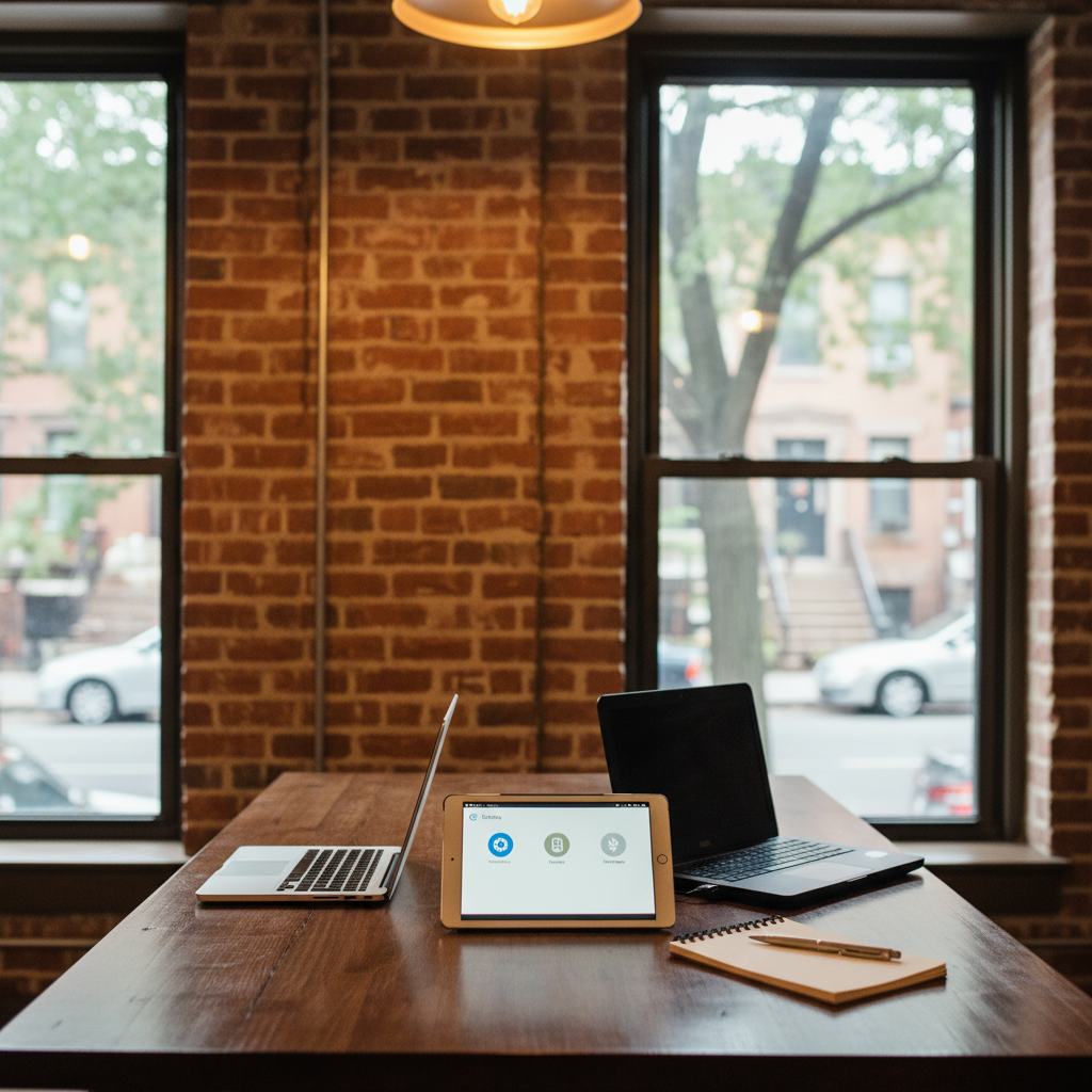 A small neighborhood office in Crown Heights with exposed brick on one wall and large windows framing tree-lined Brooklyn streets in soft focus. In the foreground, a sturdy wooden table holds two open laptops of different brands, a tablet displaying a simple settings screen, and a small notepad with an uncapped pen beside it, all captured in clean photographic detail. Warm overhead lighting combines with diffused daylight, creating a welcoming, non-intimidating feel. The composition uses the rule of thirds, drawing attention to the devices and their tidy arrangement. The mood is calm and organized, suggesting personalized troubleshooting and setup for local small businesses without any clutter of cables or overly technical gear.