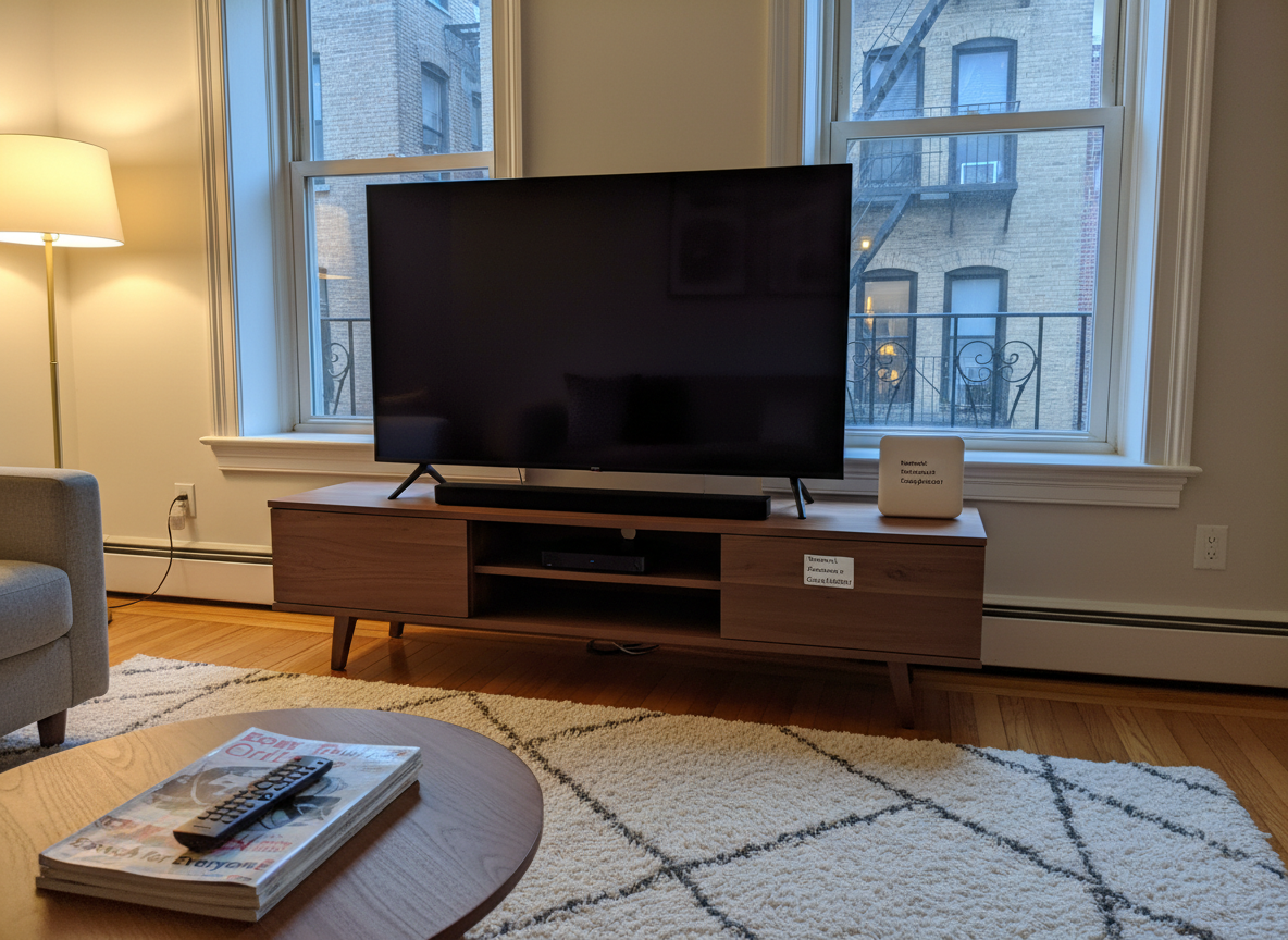 A cozy Crown Heights living room with a low media console holding a large flat-screen TV, a compact streaming device, a simple soundbar, and a neatly labeled Wi‑Fi router, all realistically photographed. A plush rug and glimpses of classic Brooklyn molding and a fire escape through the window ground the scene in the neighborhood. Soft evening lamp light mixes with the last cool daylight, casting gentle, inviting shadows. Shot from a slightly elevated angle, the composition centers the entertainment setup with the remote placed prominently on a small coffee table, suggesting guidance on streaming, connectivity, and home tech organization. The mood is reassuring and practical, emphasizing down‑to‑earth tech help for everyday life.
